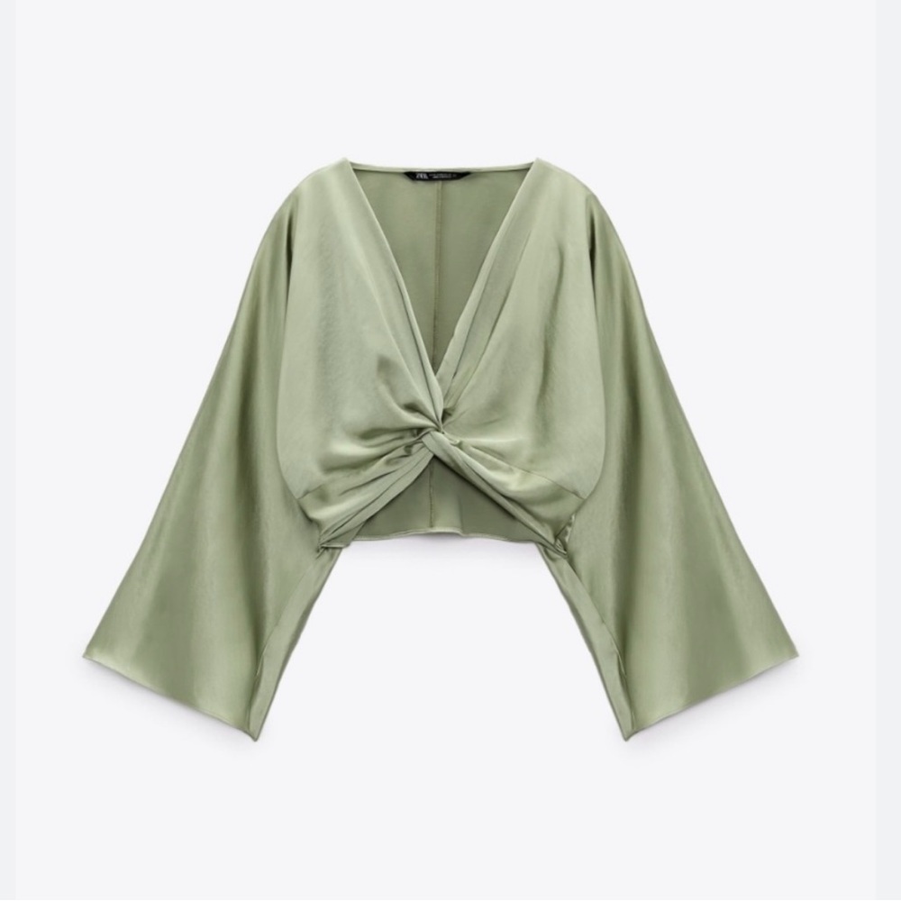 Zara Green Satin Bell Sleeve Crop Blouse with Tie Front - Picture 1 of 6